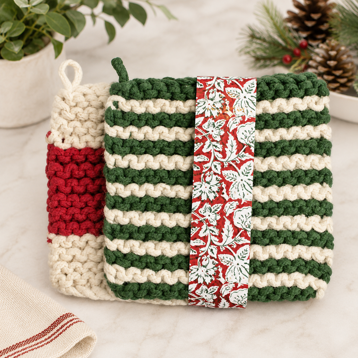 Green Stripe Pot Holders