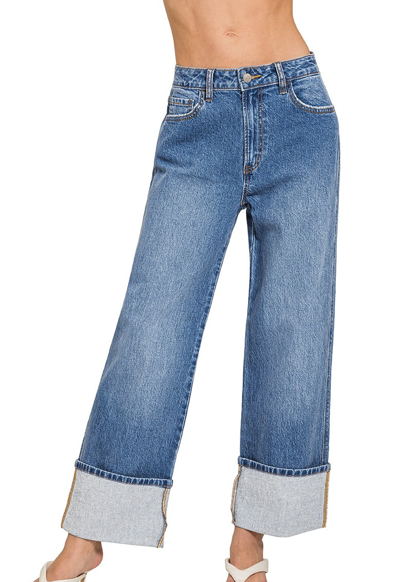 HIGH-RISE CUFFED WIDE-LEG DENIM PANTS