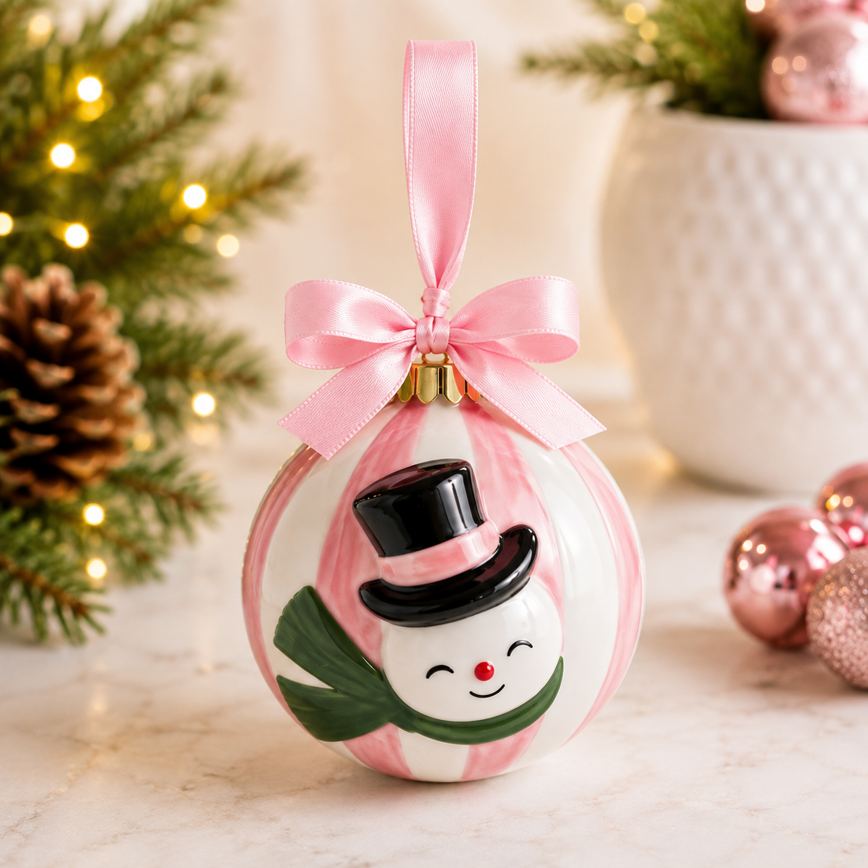 Whimsy Pink Stripe Snowman | Ornament
