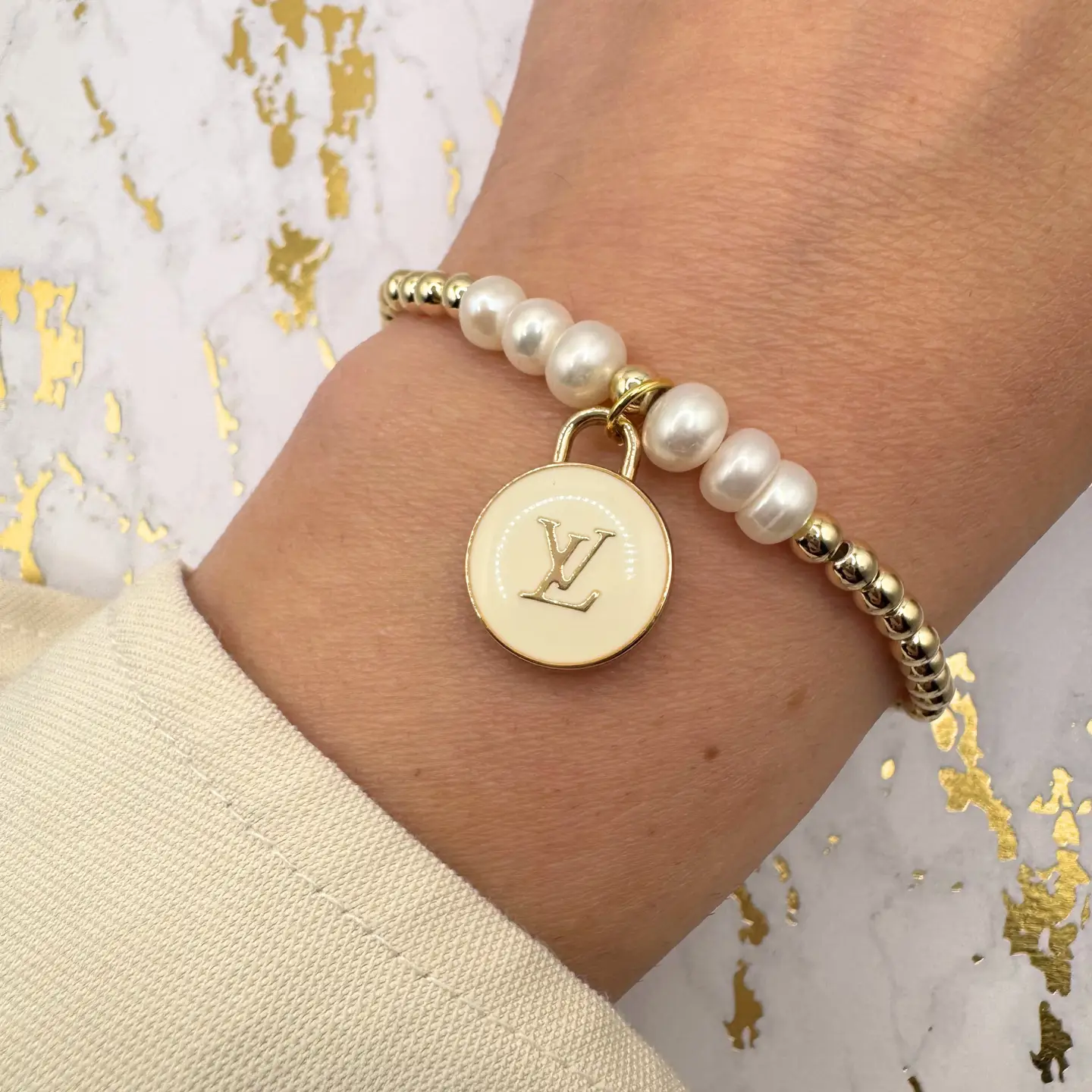 Classy LV with Fresh Water Pearls Bracelet
