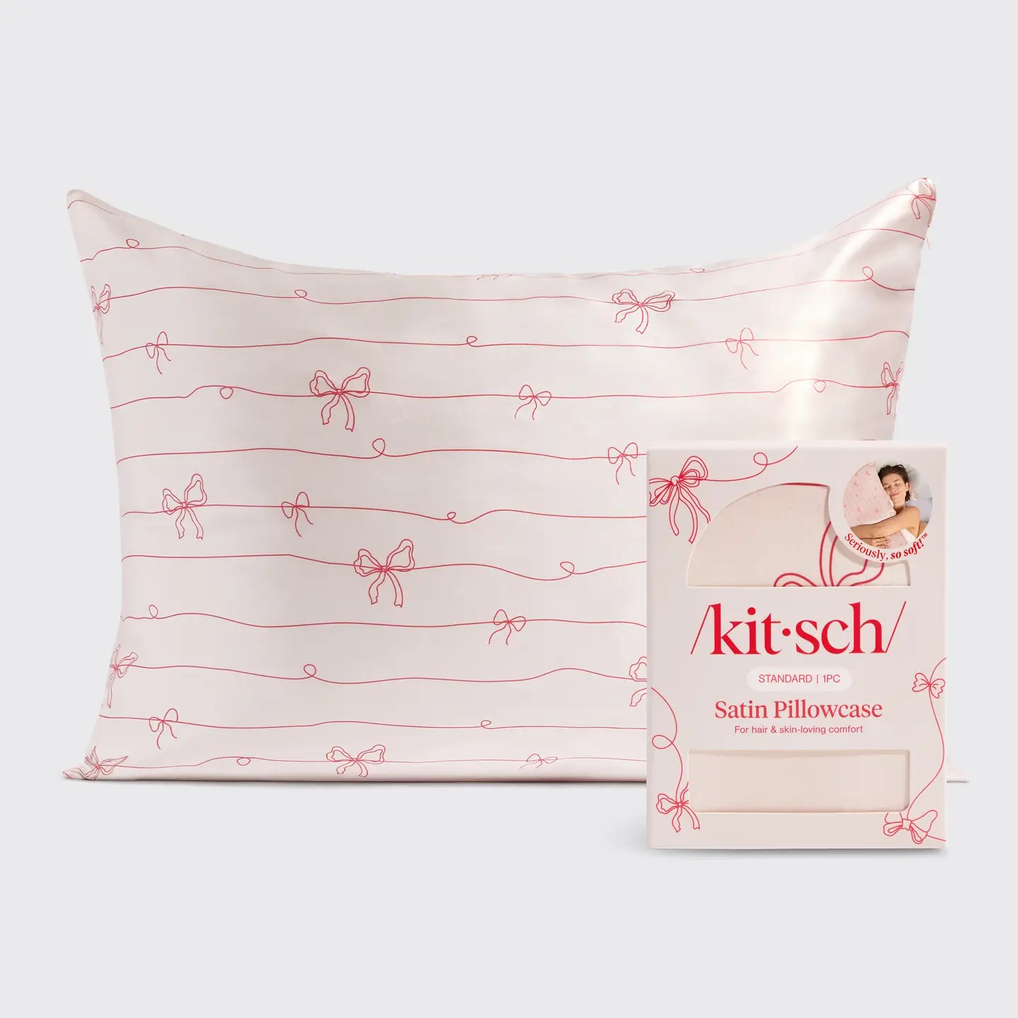 Holiday Satin Pillowcase in Striped Bows | Kit-sch