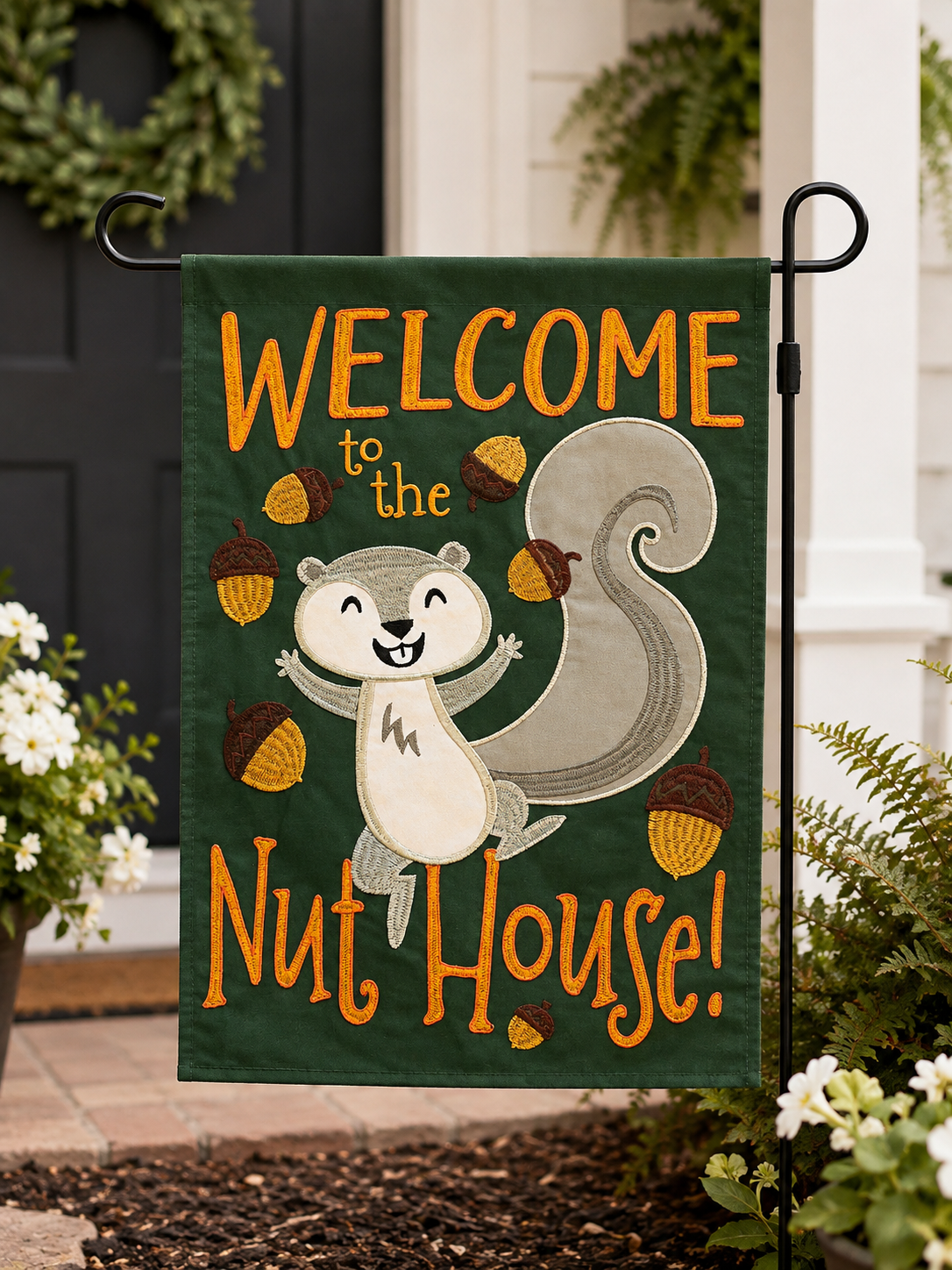 Welcome to the Nut House Garden Flag