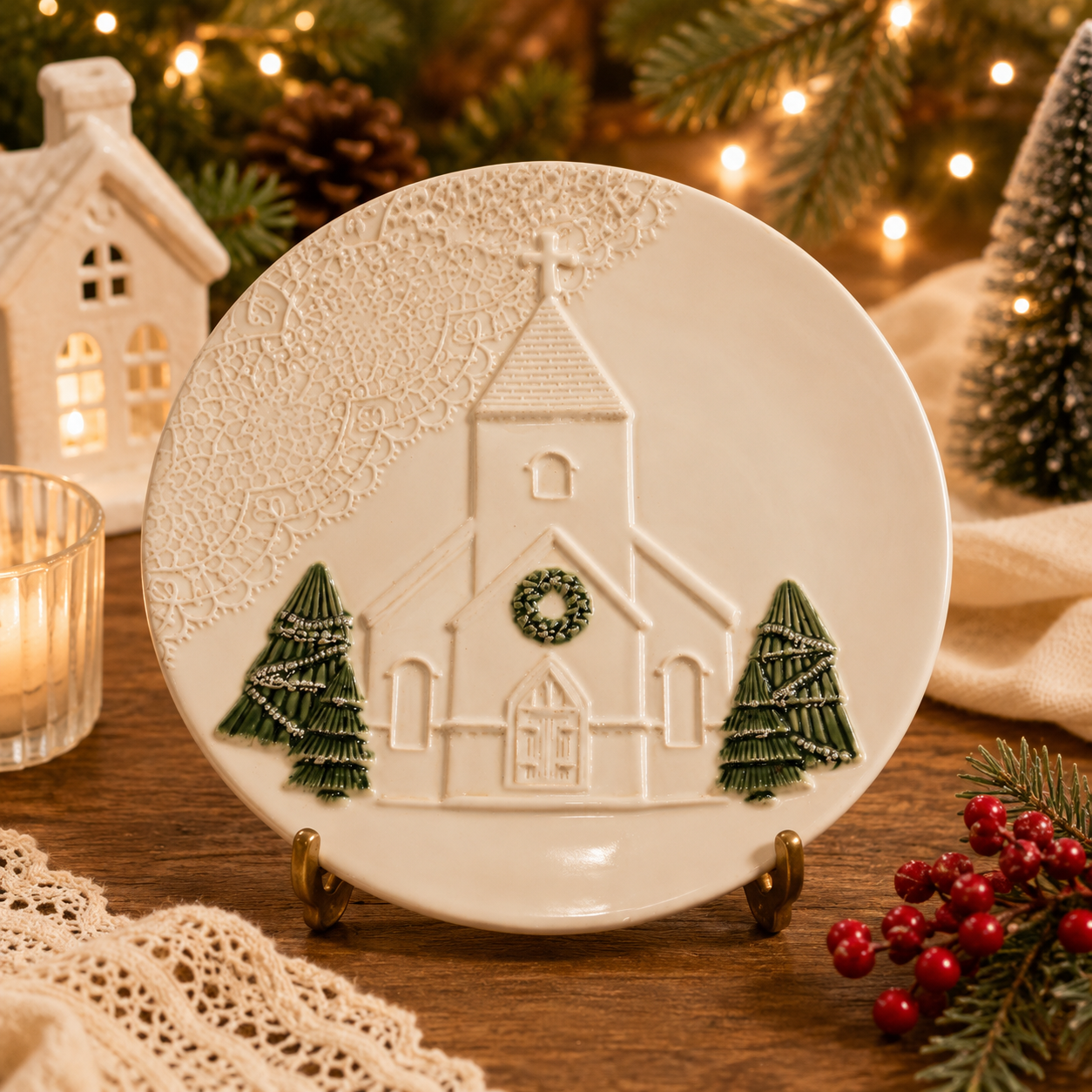 Pressed Lace Christmas Church Platter