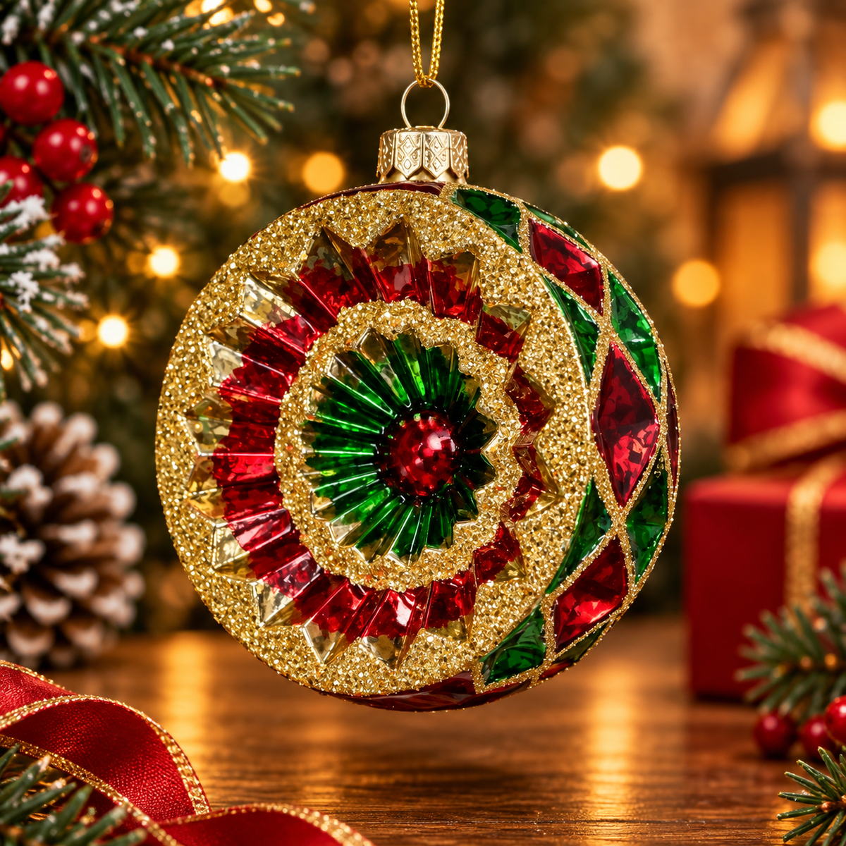 Vintage Red & Green Christmas Ball Ornament