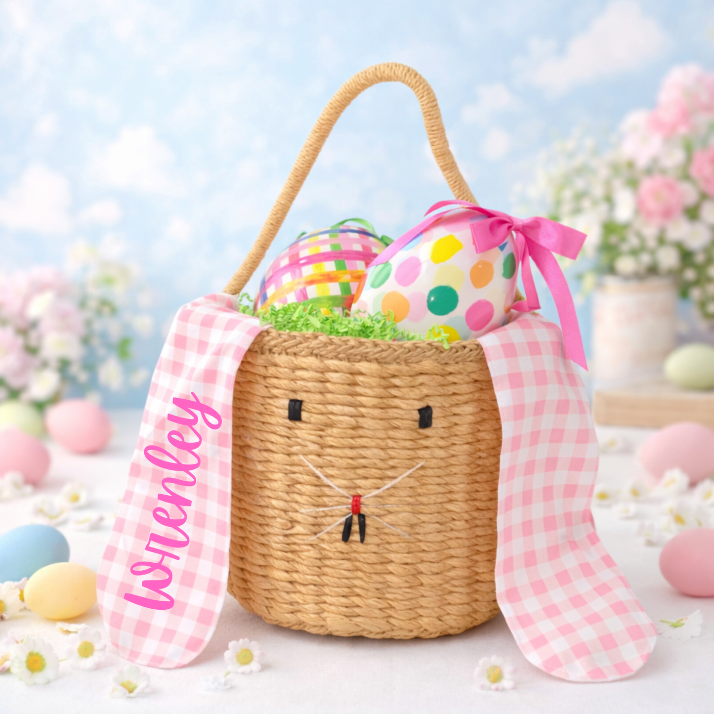 Gingham Bunny Ears Basket | Pink and Blue