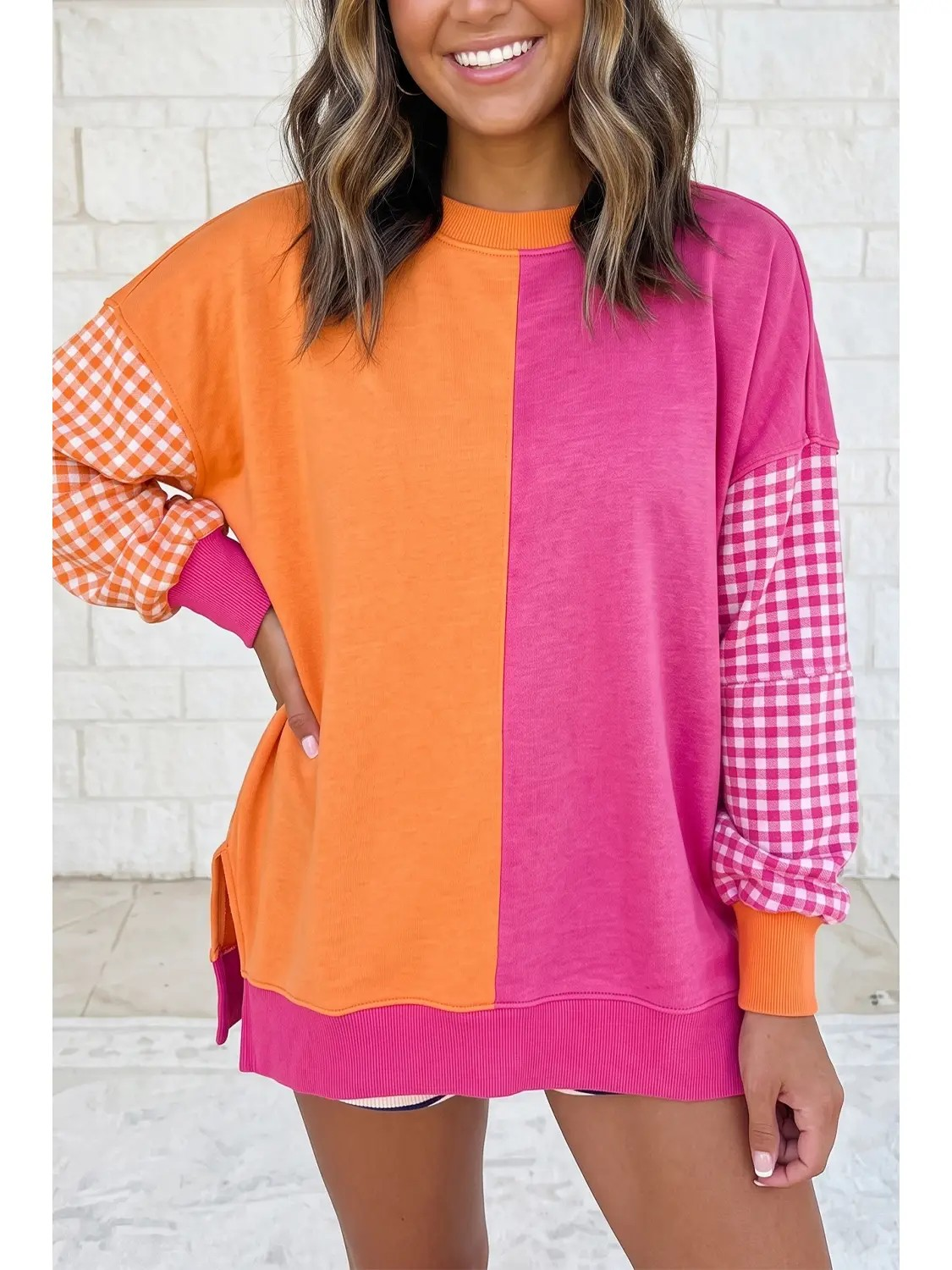 Colorblock Gingham Sleeve Sweatshirt