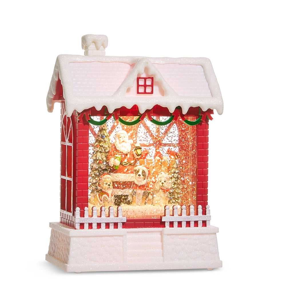 7.75" Santa and Dogs Lighted Water Chalet