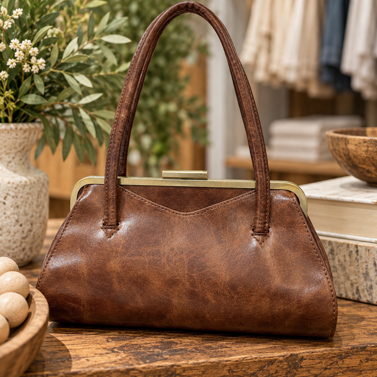 Lady Frame Lock Shoulder Bag | Chocolate | Navy