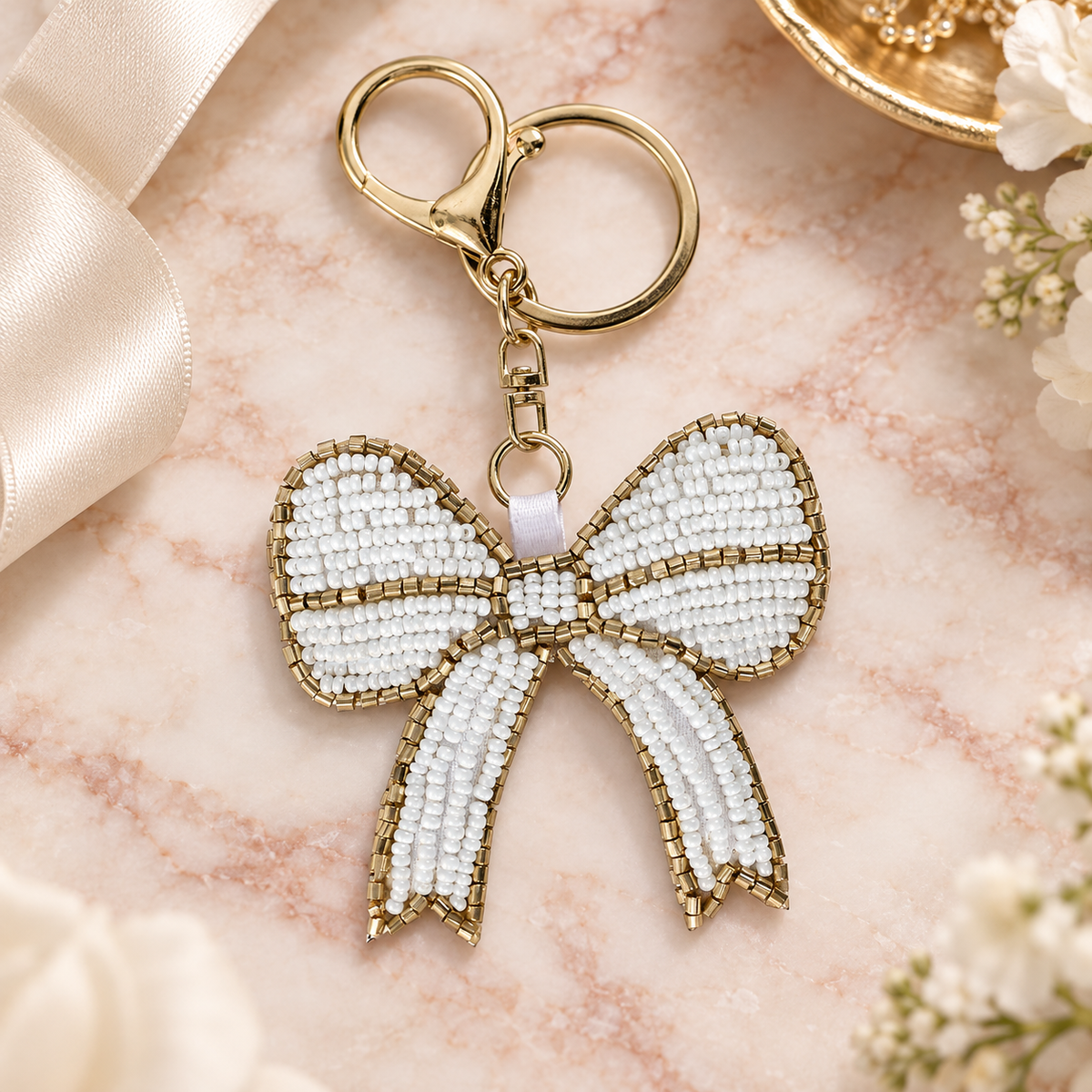 White Bow Beaded Bag Charm
