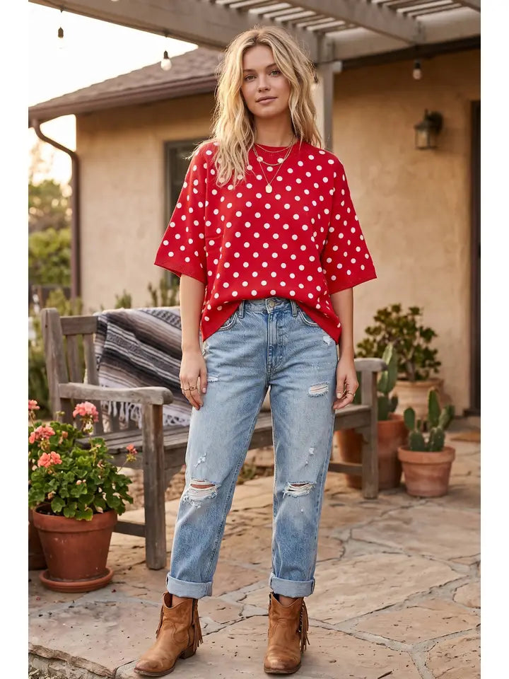 Polka Dot Sweater Top | Red