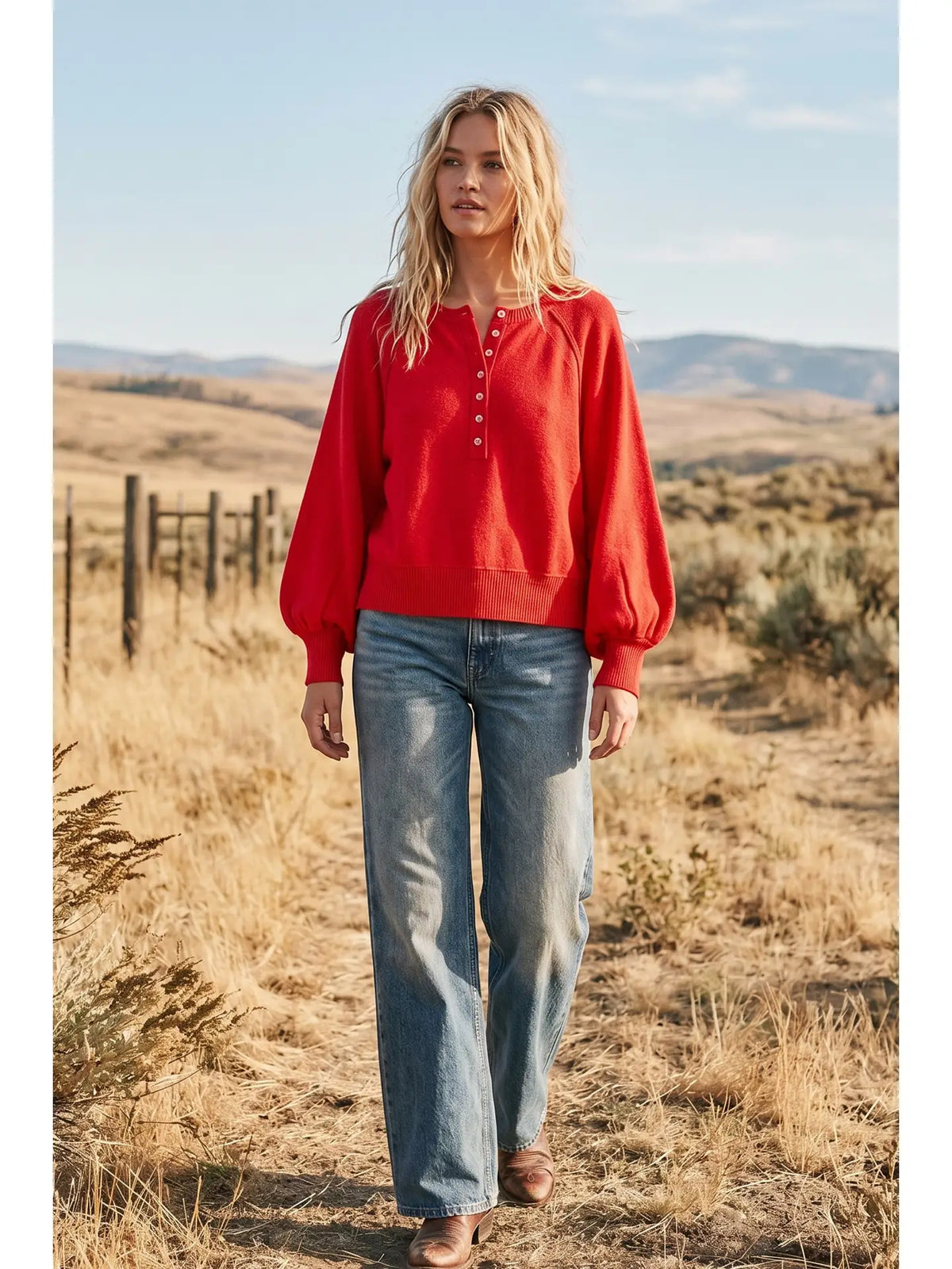 Henley Balloon Sleeve Sweater Top