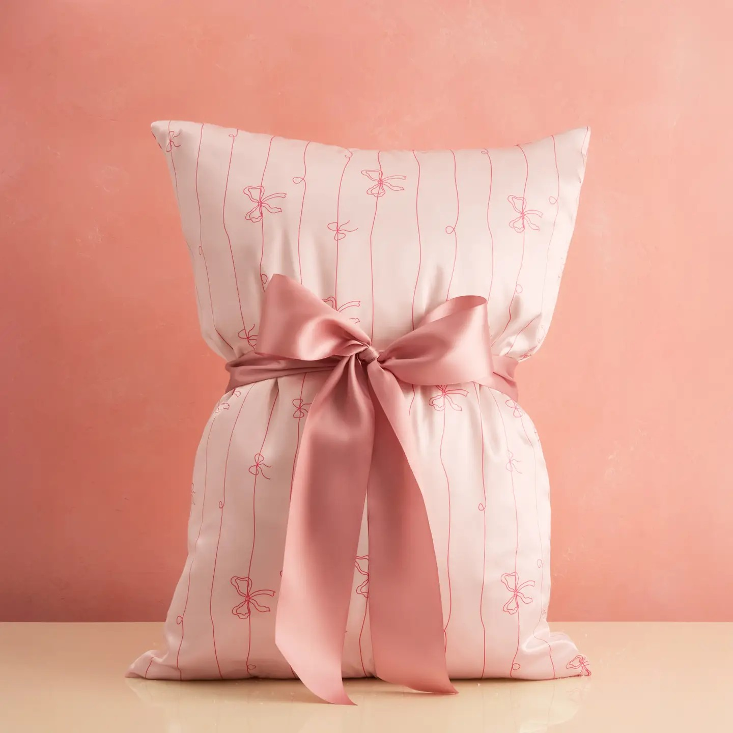 Holiday Satin Pillowcase in Striped Bows | Kit-sch