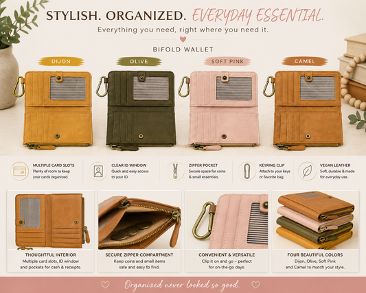 Bifold Wallet – Available in Dijon, Olive, Soft Pink &amp; Camel