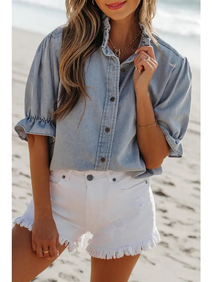 Denim Ruffle Sleeve Top