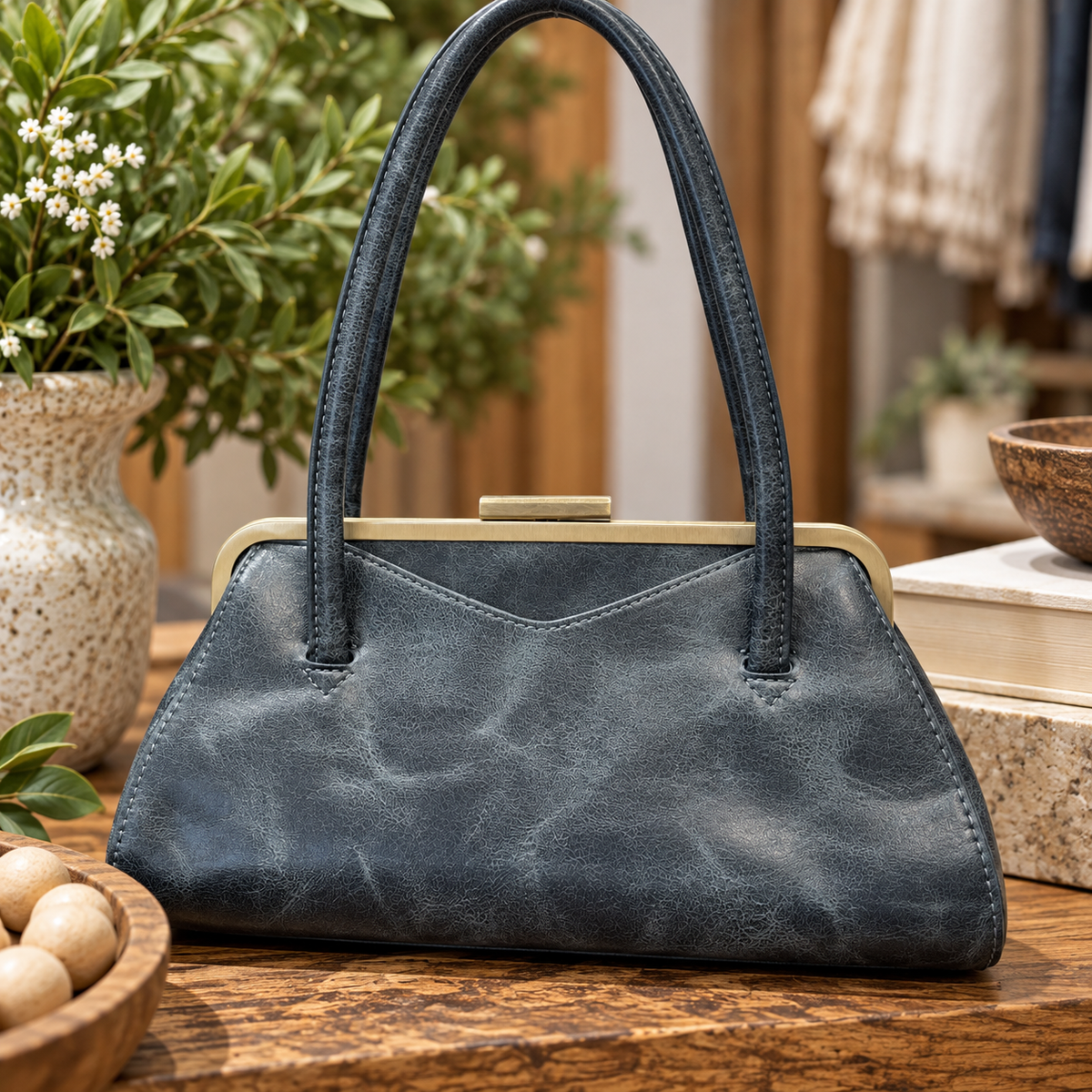 Lady Frame Lock Shoulder Bag | Chocolate | Navy