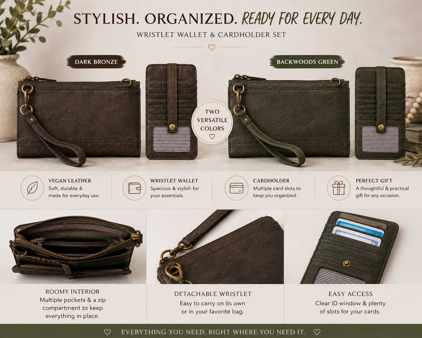 Wristlet Wallet & Card Holder Set – Dark Bronze & Backwoods Green
