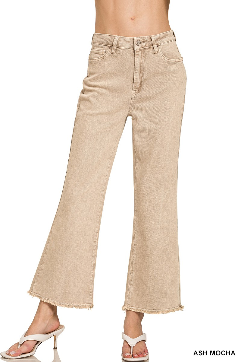 Acid Washed High Waist Frayed Hem Bootcut Jeans | Camel