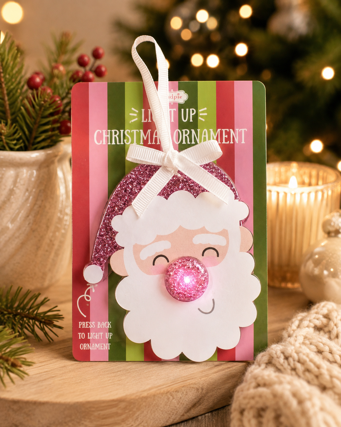 Light Up Santa Ornament | Pink