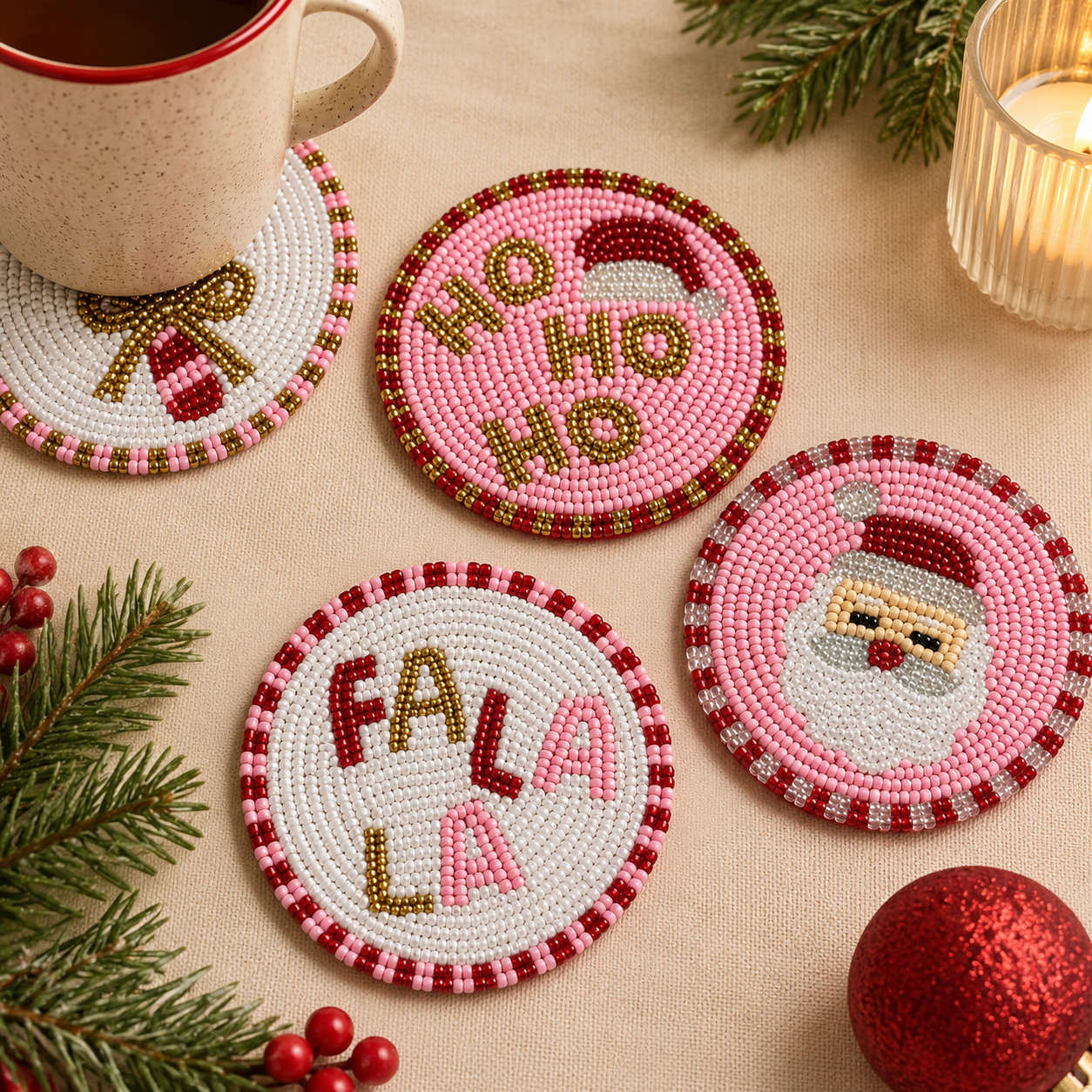 Santa Beaded Holiday Coaster Set