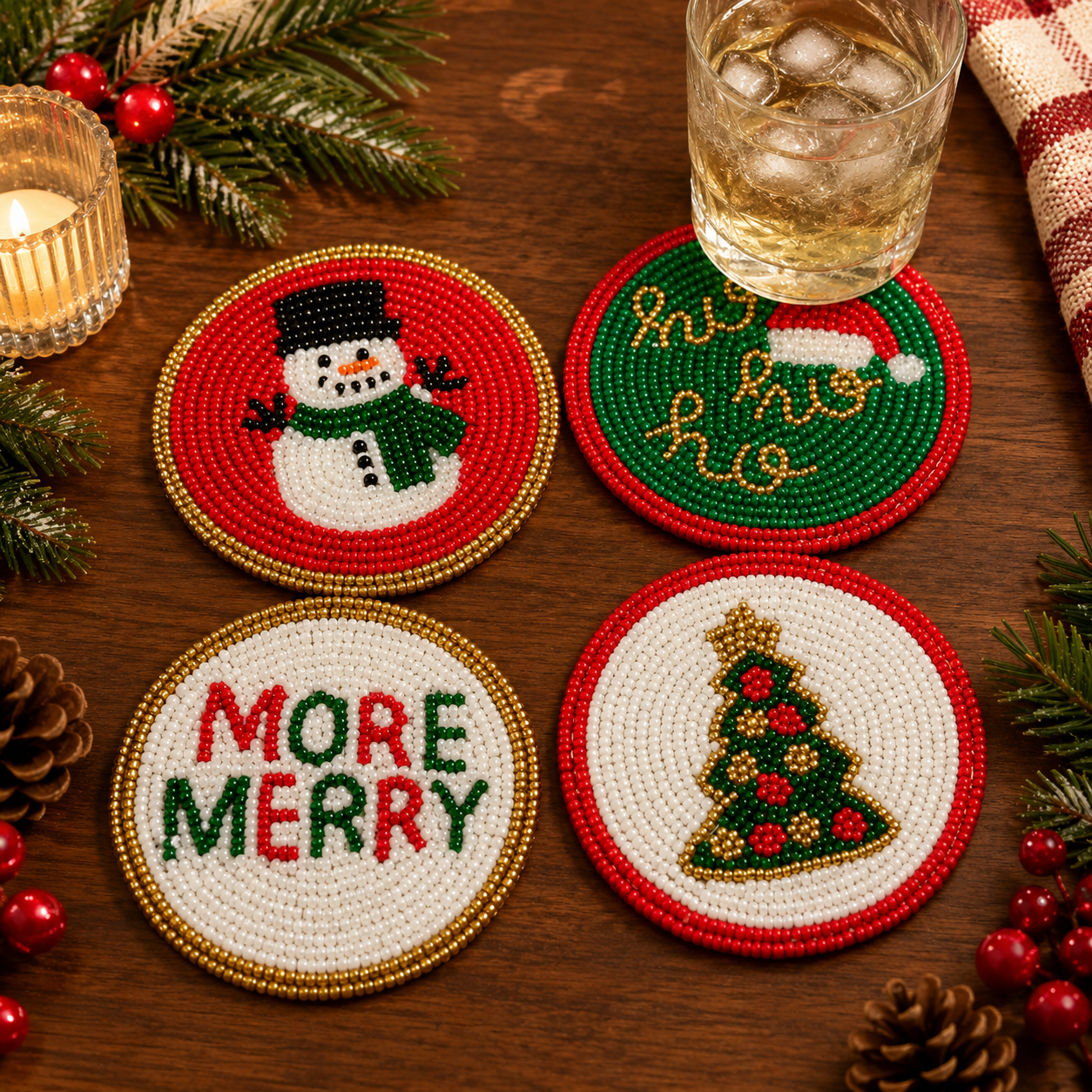 Ole Christmas Tree Holiday Beaded Coaster Set