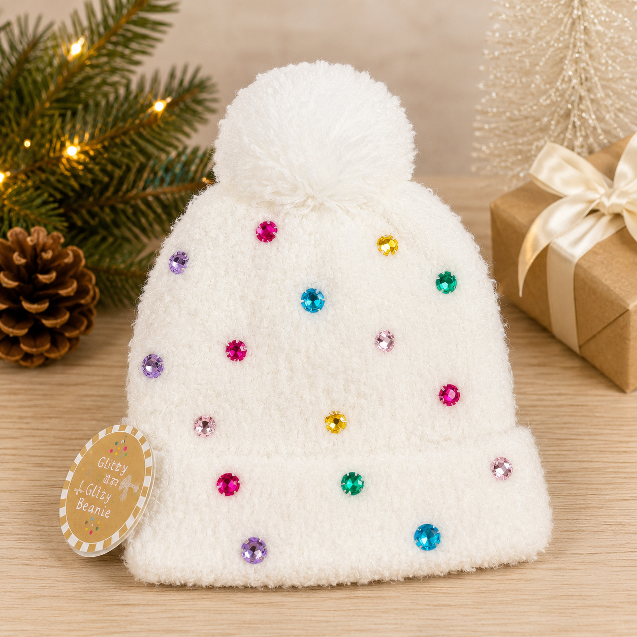 Rainbow Dots Rhinestone Beanie