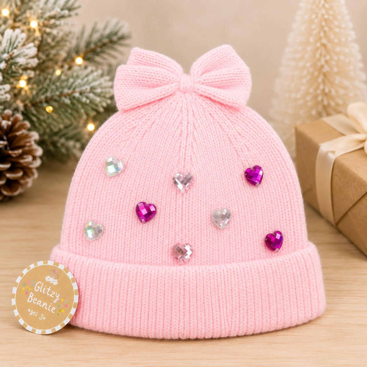 Pink Hearts Rhinestone Beanie