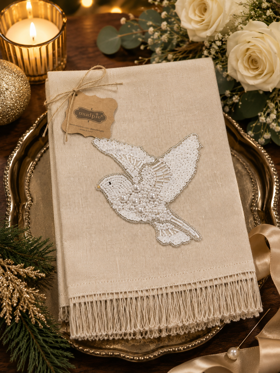 Turtle Dove Beaded Hand Towel