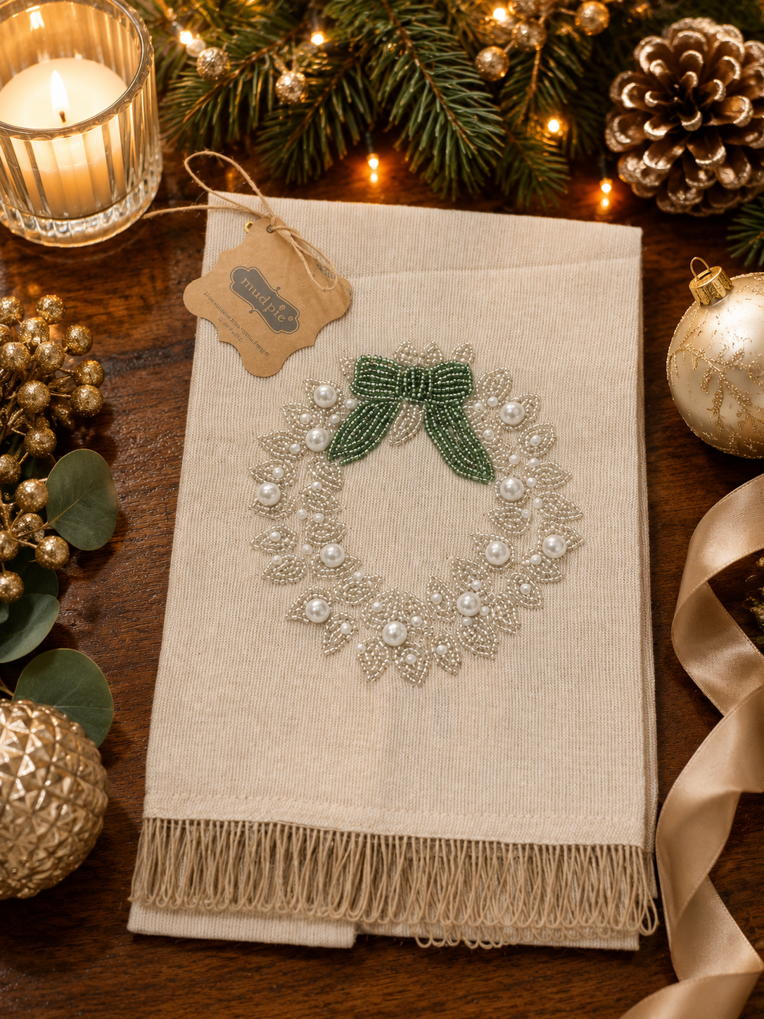 White Christmas Wreath Beaded Towel