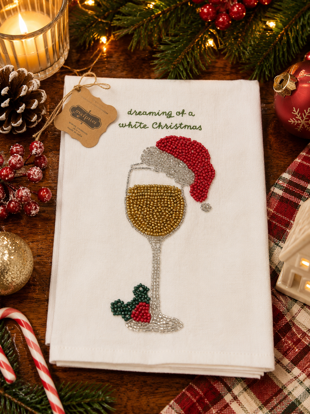 White Christmas Beaded Hand Towel