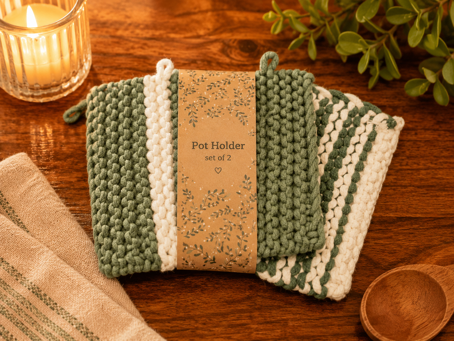 Double Green & White Stripe Pot Holder