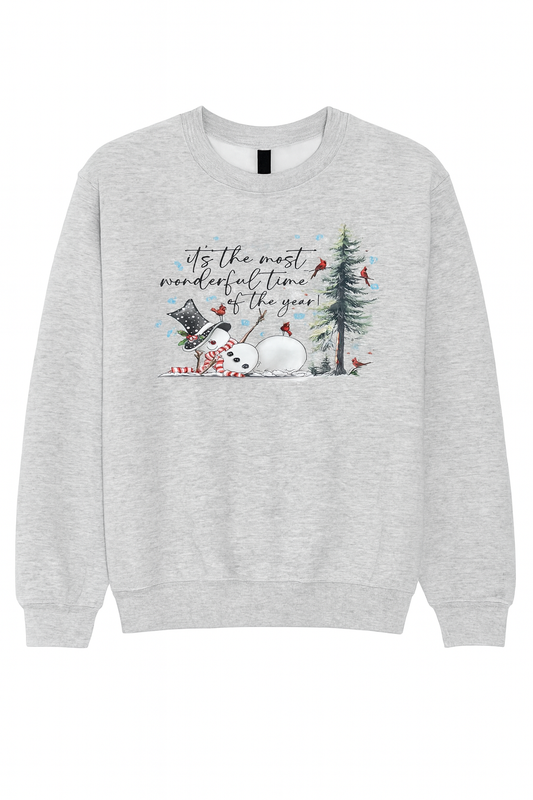 “Most Wonderful Time” Cozy Christmas Snowman Sweatshirt – Heather Gray