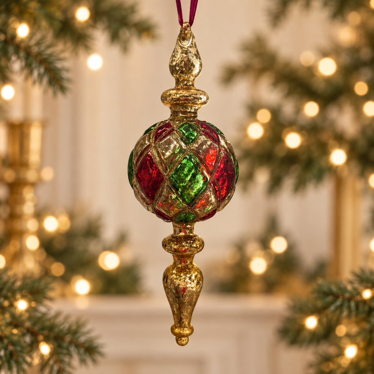 Finial Drop Ornament | Red/Green/Gold