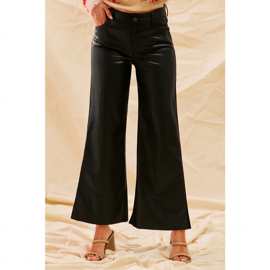 Black Mid Rise Wide Faux Leathe  Pants
