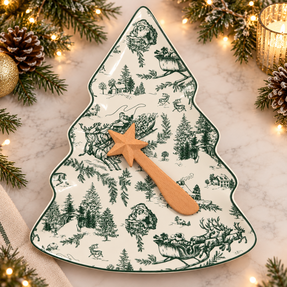 Green Toile Tree Platter Set