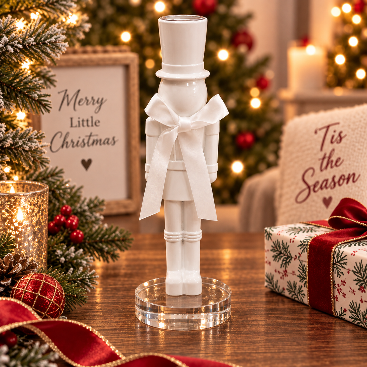 Holiday White Nutcracker Candleholder | Large