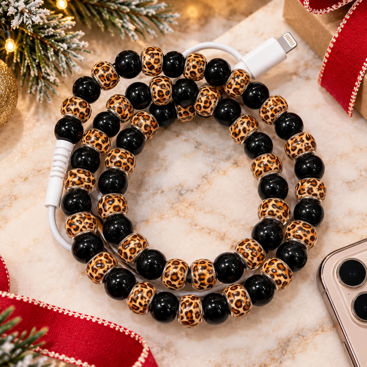 Leopard Beaded Phone Charging Cable