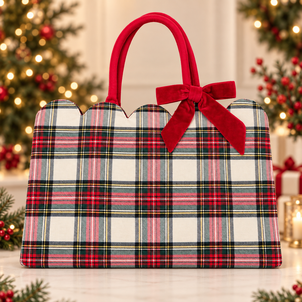 Ivory Tartan Scallop Tote