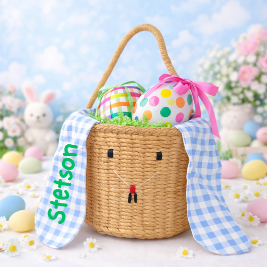 Gingham Bunny Ears Basket | Pink and Blue