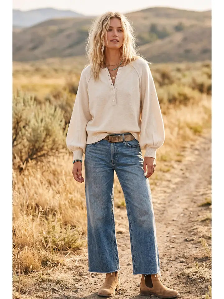 Henley Balloon Sleeve Sweater | Ecru
