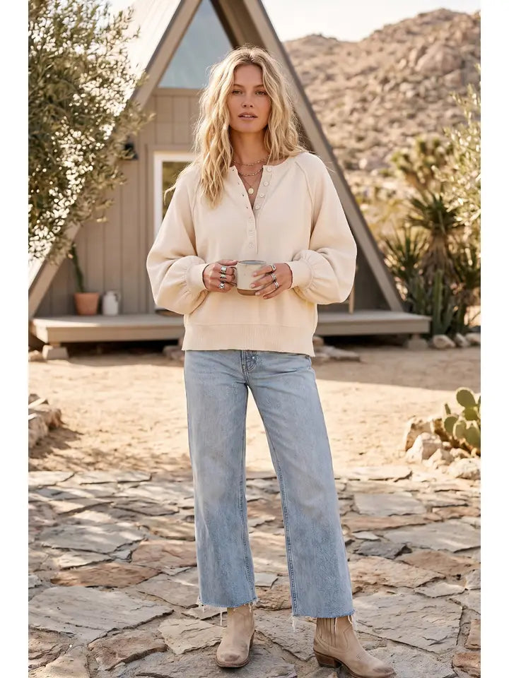 Henley Balloon Sleeve Sweater | Ecru