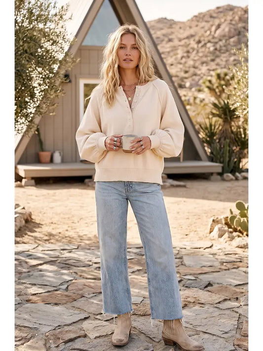 Henley Balloon Sleeve Sweater | Ecru