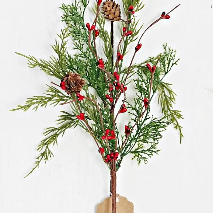 14in Evergreen Pine with Red Pips Pick