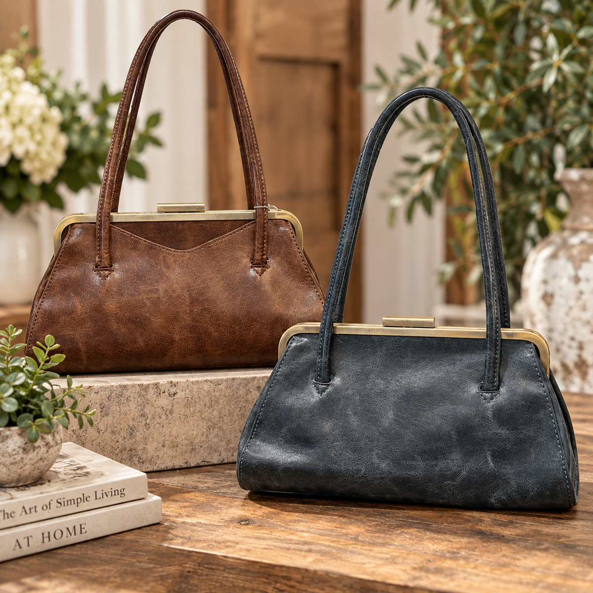 Lady Frame Lock Shoulder Bag | Chocolate | Navy