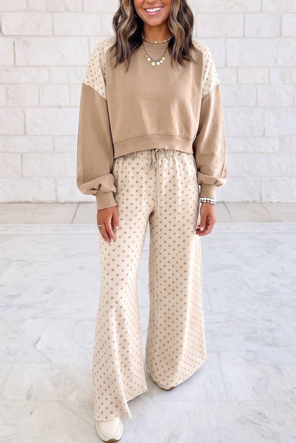 Polka Dot Patchwork Long Sleeve Two Piece Set