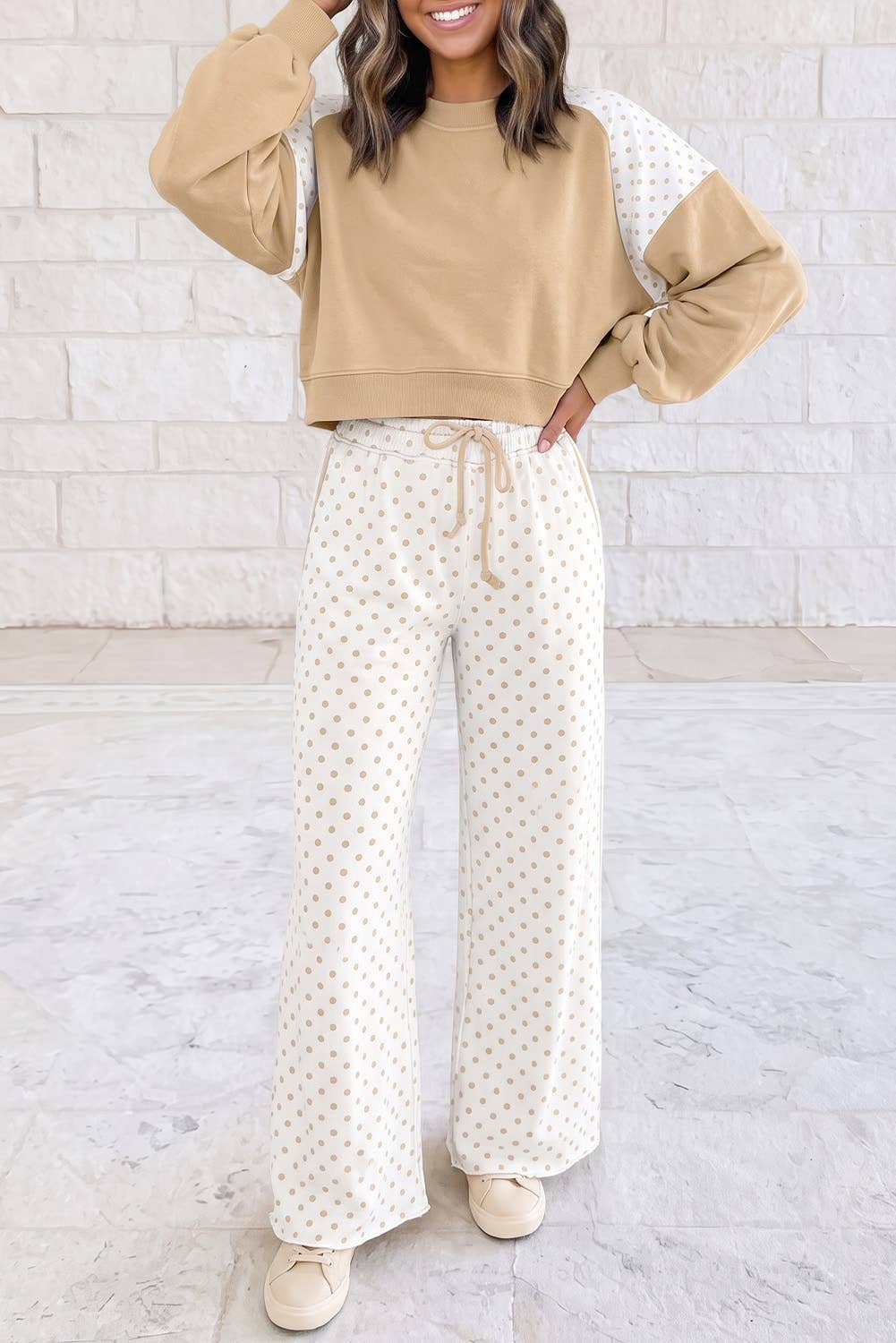 Polka Dot Patchwork Long Sleeve Two Piece Set