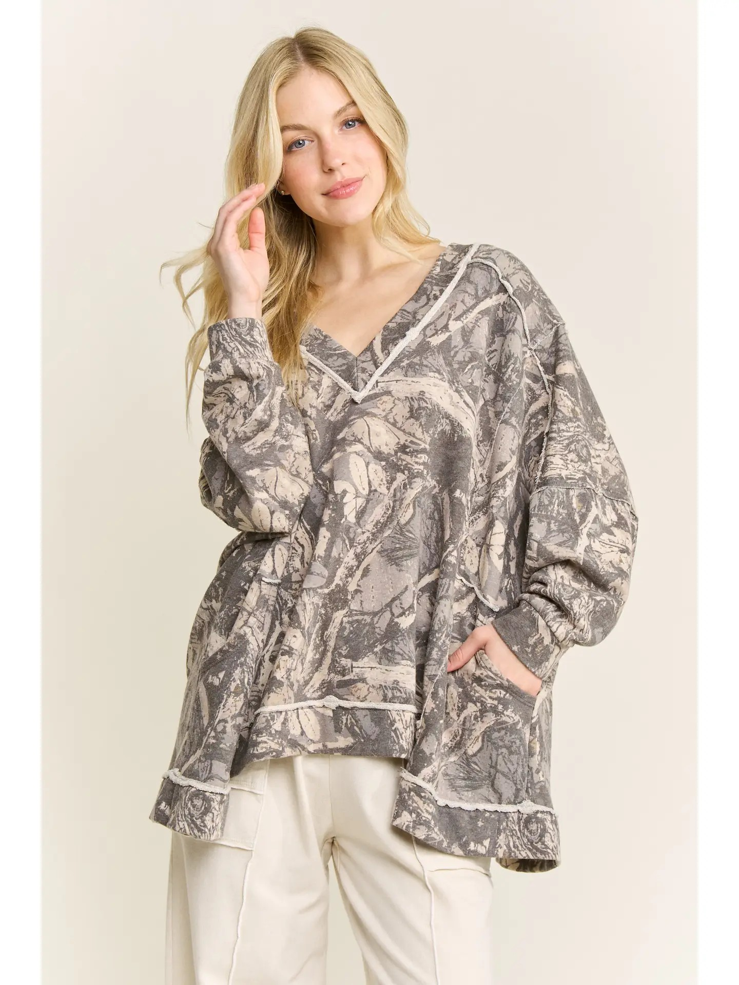 Camo V Neck Terry Pullover