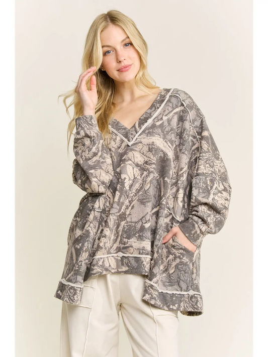 Camo V Neck Terry Pullover