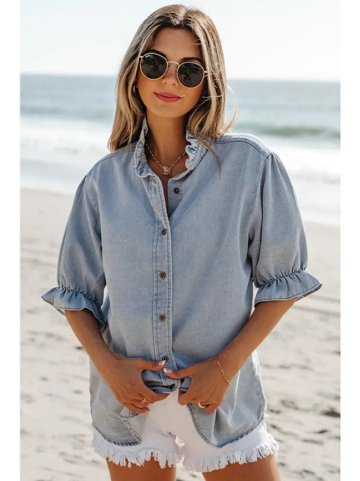Denim Ruffle Sleeve Top