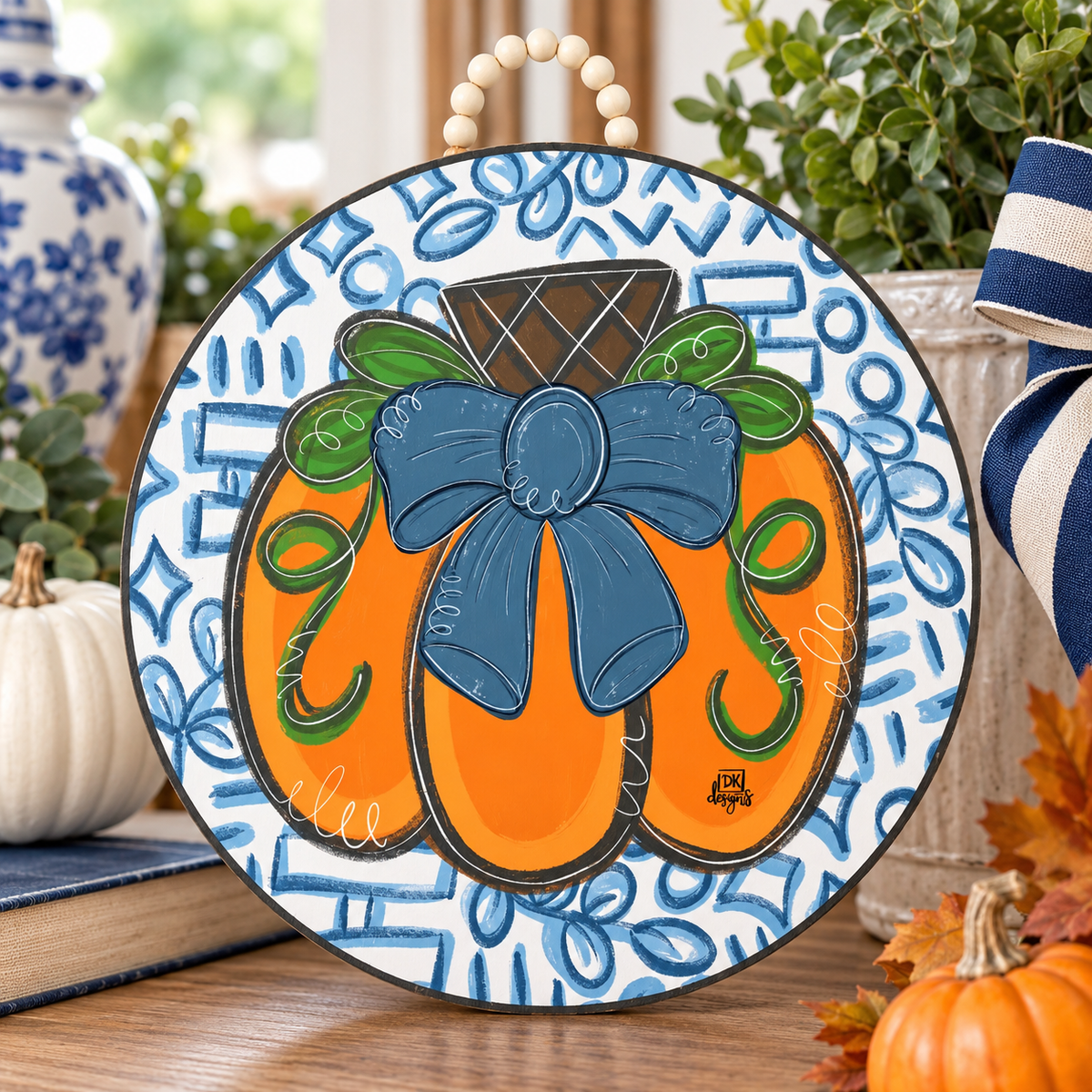 Blue Bow | Pumpkin Door Hanger