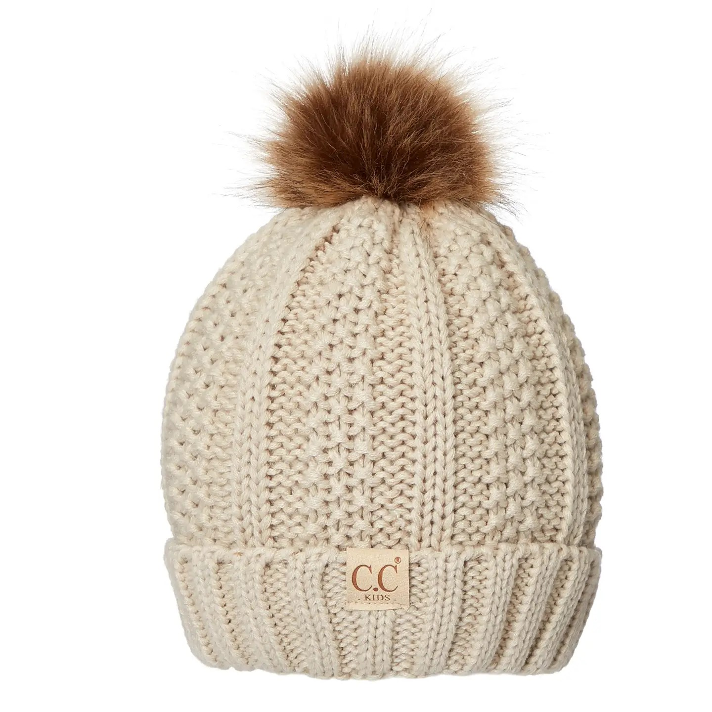Cc Kids Fur Lined Pom Beanie | Almond